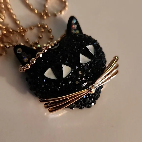 Betsy Johnson Black Cat Pavé Stone Gold tone ball chain necklace w lobster clasp - Picture 3 of 3